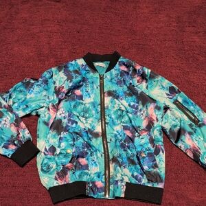 Zeagoo Floral Bomber Jacket - Blue and Pink